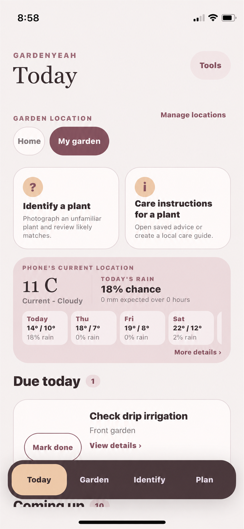 GardenYeah Today screen showing local weather and garden tasks