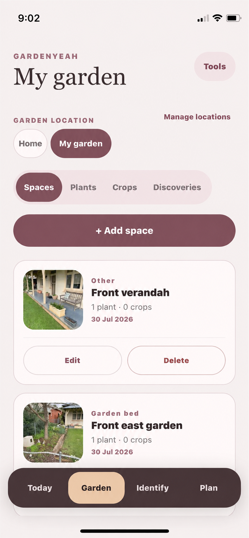GardenYeah My garden screen showing different garden spaces