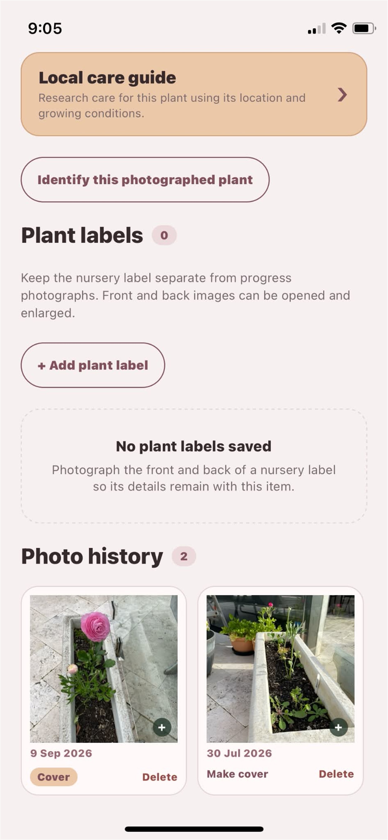 GardenYeah plant record showing dated progress photographs
