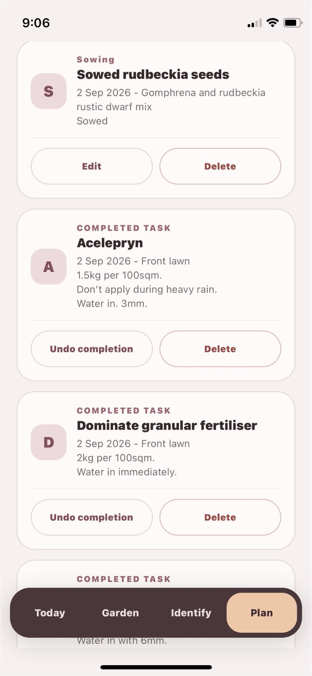 GardenYeah journal showing sowing records and completed garden tasks